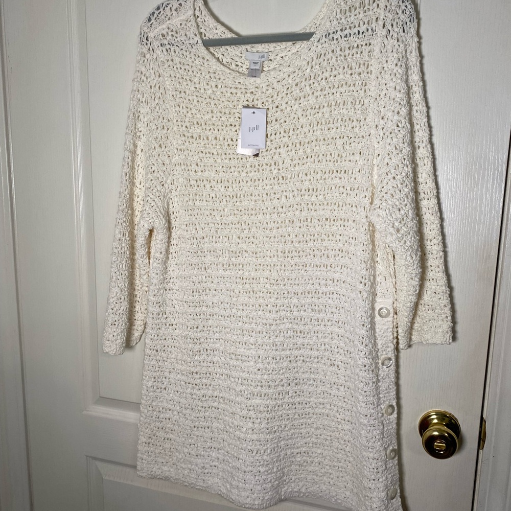 J.Jill Crochet Open Knit White Swimsuit Cover-up Dress Womens L Cotton Buttons